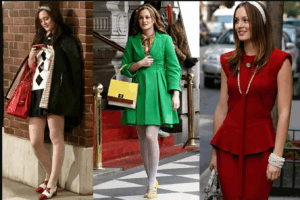 Blair Waldorf usando looks icônicos de Gossip Girl com estética old money — incluindo casaco preto com saia xadrez, trench coat verde vibrante e vestido vermelho estruturado.