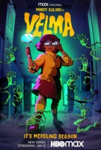 Pôster da série "Velma" com a personagem segurando uma lupa, por Mindy Kaling.